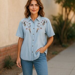 Vintage 80s Passion Aztec Embroidered Denim Short Sleeve 100% Cotton Shirt Sz Md